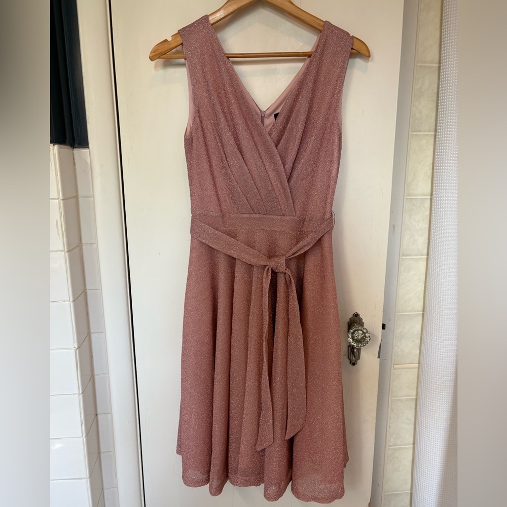 Sparkly pink party dress. Fully lined back zipper
Belted